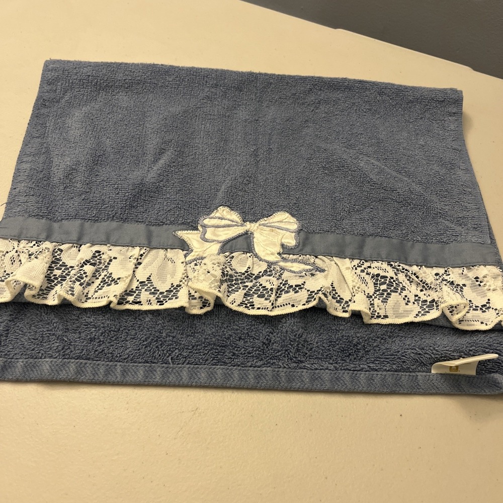 Vintage Hand Towel‎ Elizabeth Gray JC Penney Denim Blue Ivory Lace Satin Bow